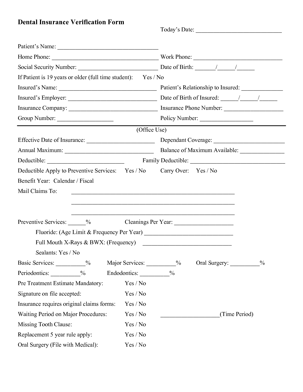 Dental insurance verification form