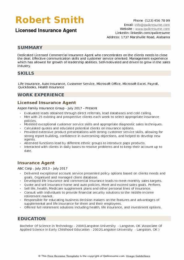 Insurance sales agent resume